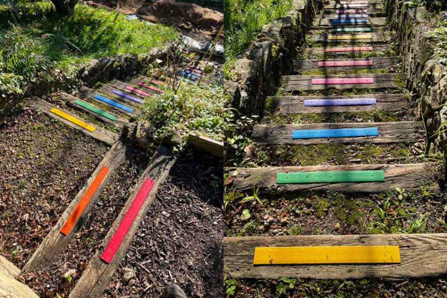 50mm Decking Strips in Rainbow on slippery garden sleeper steps