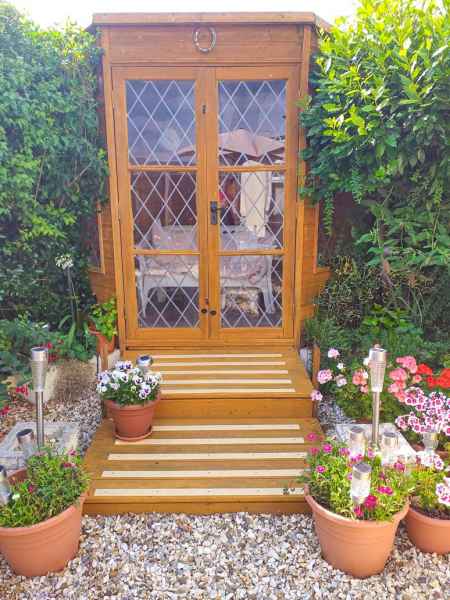 Buff 50mm decking strips before and After of dangerous slippery steps to decking summer house