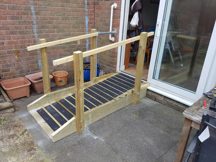 90mm anti-slip strips used on home made wooden access ramp for wheelchair use safety