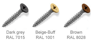 Coloured top countersunk screws - Dark Grey, Beige-Buff, Brown.