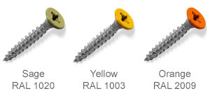 Coloured top countersunk screws - Sage, Yellow, Orange.