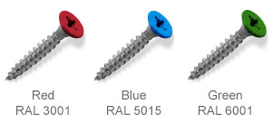 Coloured top countersunk screws - Red, Blue, Green.