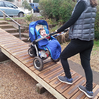 "Ramp installed to bypass steps that were difficult to navigate with a baby buggy. Anti-slip treads will combat mould growth on decking slats." D Smith.