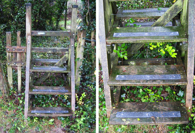 Anti-slip decking strips on slippery timber country stiles walkways pathways.