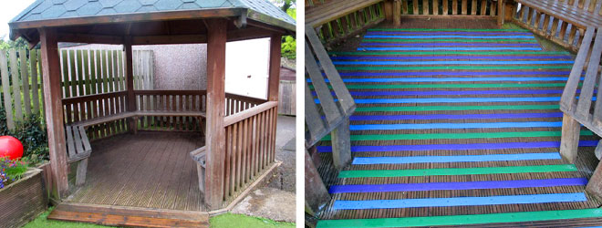 Before & after - the School slippery wooden areas made safe with fine grit, Anti Slip Decking Strips.