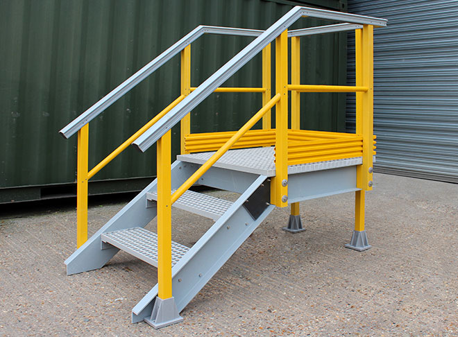 Custom made, GRP stair access platforms are designed for roof walkways, chemical bund access...