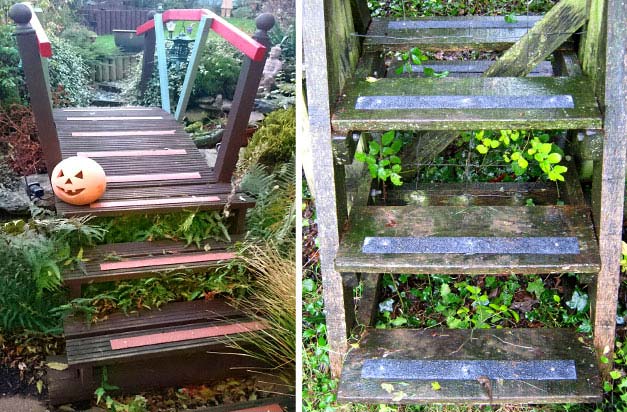 Anti slip decking strips on garden footbridge country stile.