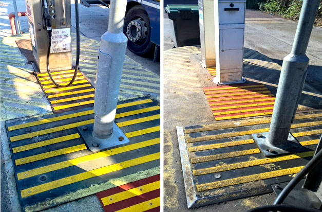 Petrol stations slippery areas benefit from high visibility, anti-slip strips.