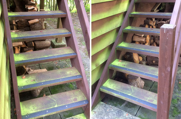 Non-slip decking strips on slippery timber stairways.
