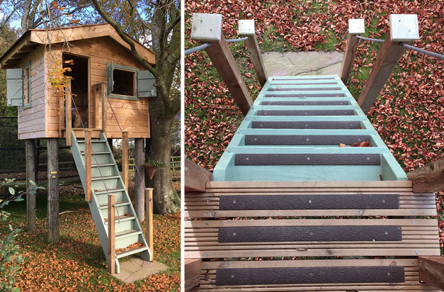 Non-slip decking strips on garden treehouse steps.