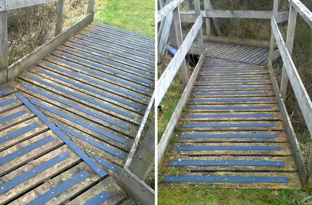 Woodland and countryside public walkways and ramps with decking strips.