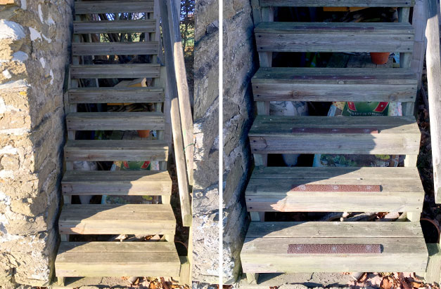 Non-slip decking strips on country house wooden staircase.