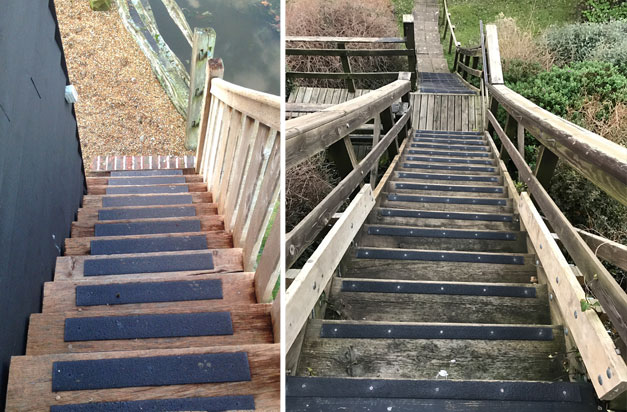 Non-slip decking strips make steep steps and stairways safe.