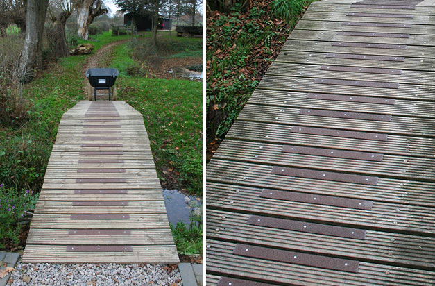 “Installed decking grips on a bridge over a brook. Really good grip - makes it much easier to push a wheel barrow over.” P Groves.