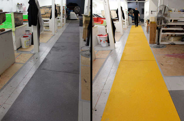 Manufacturing areas with anti slip floor covers for workplace safety.