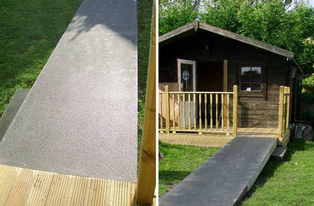 Non slip floor sheets garden summerhouse wheelchair access ramp installation.