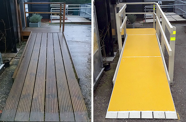 Before and after installation of anti-slip floor sheets.
