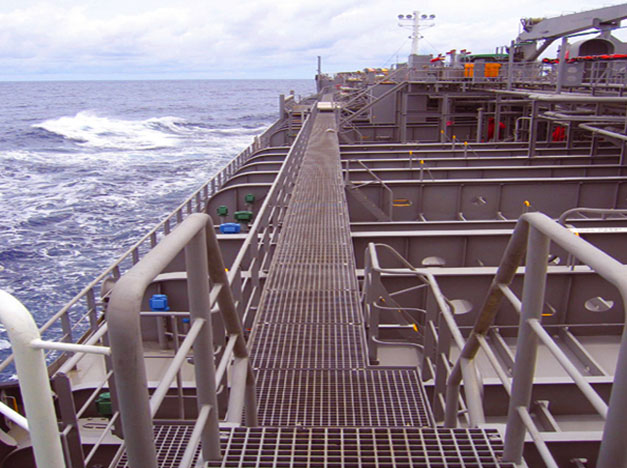 Grating walkways and gantries for shipping. Suitable for aggressive, corrosive environments at extremes of temperature.