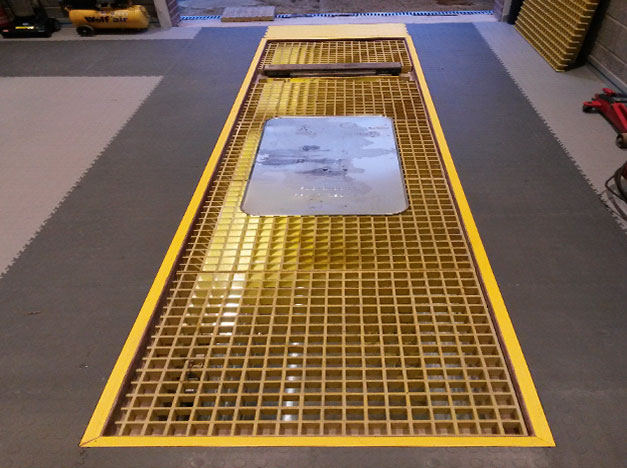 Garage inspection pit cover, extremely hard wearing, durable, corrosion resistant and low maintenance.