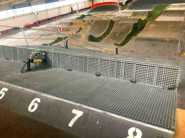 Completed BMX gate upgrade with GRP open mesh Grating.