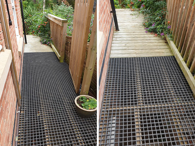 “I used the grating to replace existing wooden boards on a raised walkway to allow light to some windows that were below the deck. This has transformed the rooms since now have natural light“. R Worthington