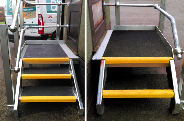 Door access platforms with anti-slip stair treads and landing covers.