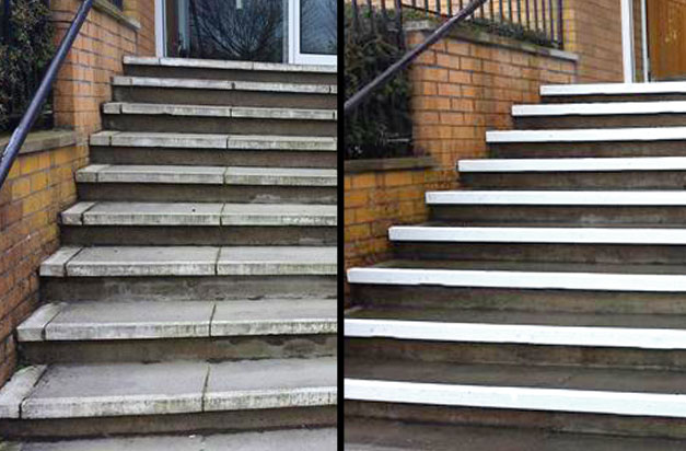 Installation of anti-slip nosing to concrete paving steps.