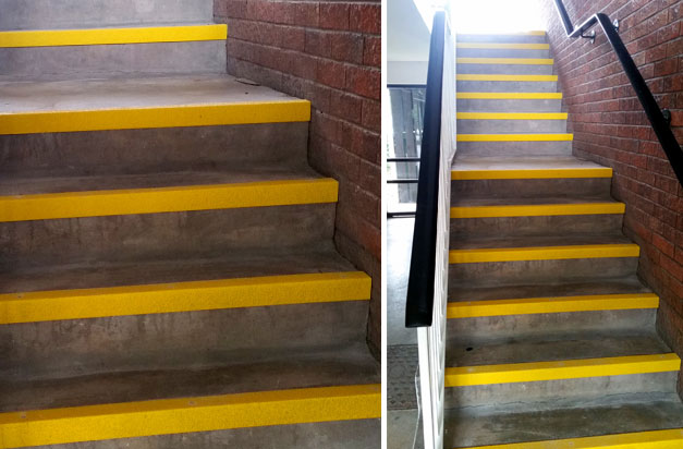 Yellow nosings create a highly visible step edge for an internal concrete stairwell installation.