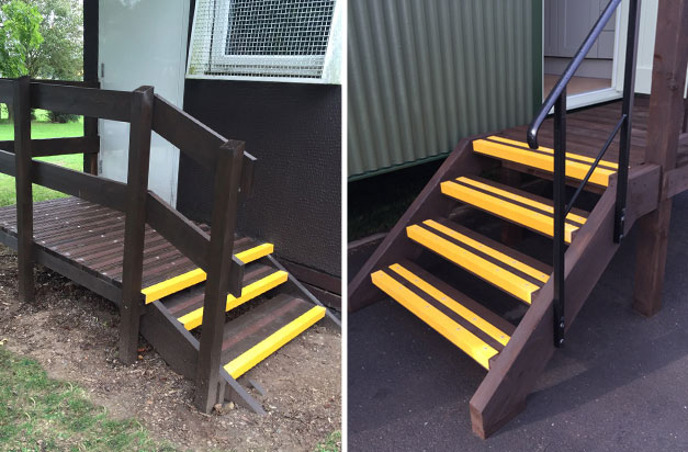 Anti-slip stair nosing on door entrance steps, and fire exit steps.