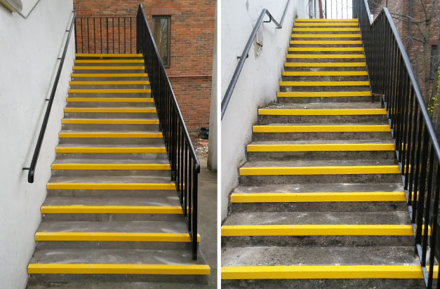 Yellow anti-slip stair nosings provide contrast, highlighting the step edge.