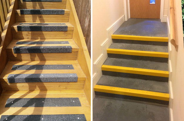 Left: black anti-slip nosing and decking strips. Right: stair nosing installed on internal steps where foot and occasional sack barrow traffic was continually wearing and damaging the painted yellow edges.
