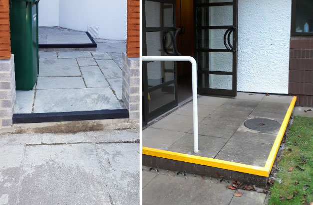 Often used step doorway entrances and bin areas benefit from slip resistant stair nosing applications.