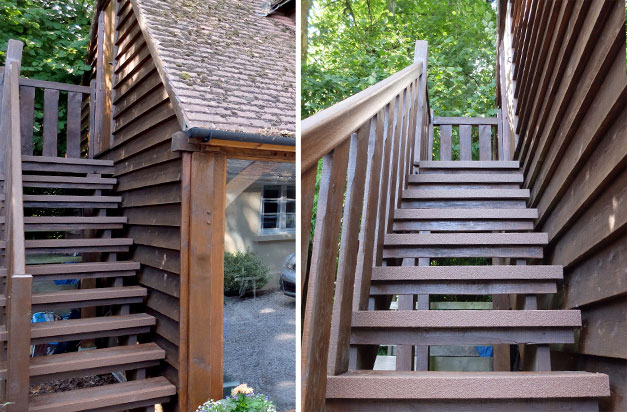 “Brown stair nosing installed on the staircase of our oak-framed garage block of our Cottage. The treads get dangerously slippery in the autumn and winter, so these were a discrete and effective solution.” PC.