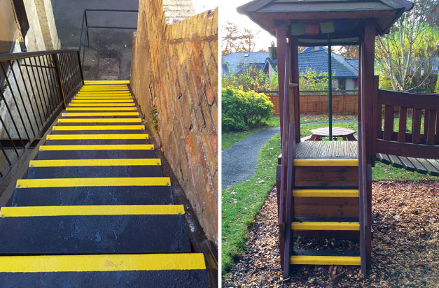Anti-slip stair tread covers on external concrete stairs and wooden playground steps.