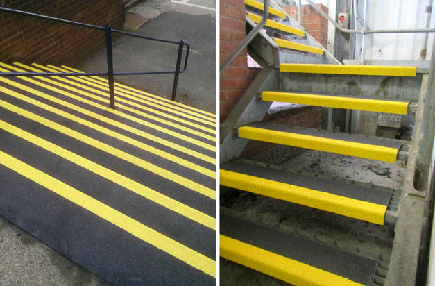 Anti-slip stair tread covers heavy duty street and industrial fire exit applications.