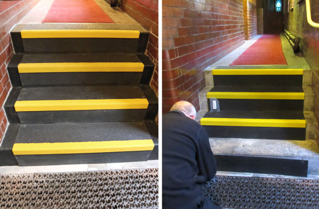 Anti-slip stair treads installed on crumbling church steps, made safe for members with visual impairment.