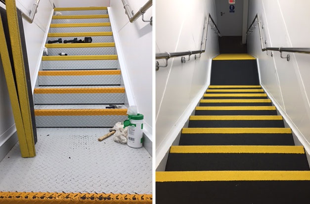 Before and after installation of non slip Stair Treads to an internal steel staircase.