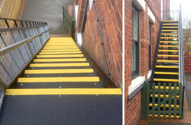 Completed refurbishment. Yellow and black stair treads were used for high visibility.
