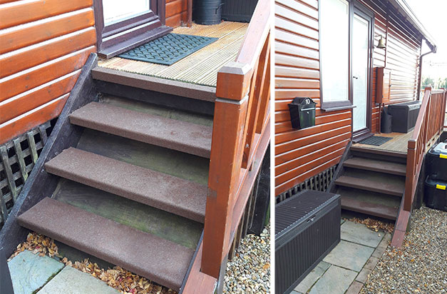 Brown anti slip stair treads for wooden lodge doorway steps platform.