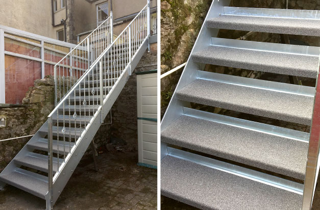 Completed steel access staircase with Colourdec Stair Treads, in Cumbria.