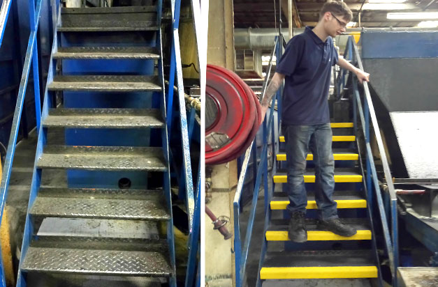 Factory steel staircase with high visibility Stair Treads, improving workplace safety.