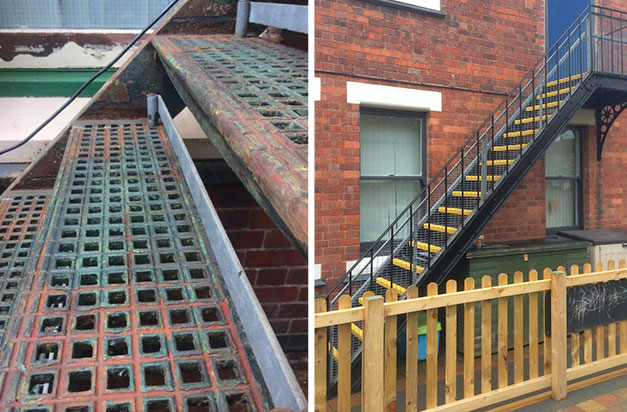 “Photos showing the condition of our fire escape before we carried out refurbishment, and after using anti-slip stair treads during the summer and autumn of 2017. Photos show the refurbishment during and after fitting.” K Monkton