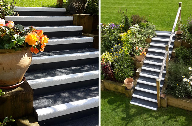 Standard duty anti-slip stair treads in dark grey with white nosing and smooth dark grey stair riser plates. Great product. Fitted in under two hours and look the part.” Seddon
