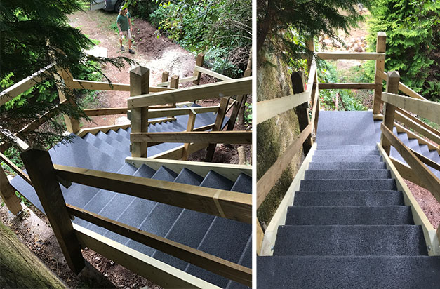 Black stair treads add an anti-slip safety surface to a new timber steps structure in Devon.