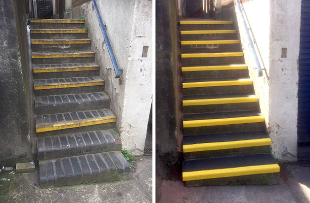 “Just finished installing new Safe Treads steps and very pleased with the result. Photos showing before and after the installed treads.” K Clark.