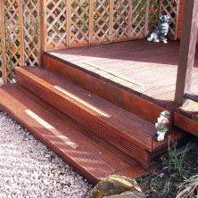 Decking area and steps with decking strips.