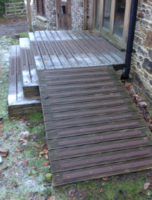 Non-slip decking strips on frosty steps.